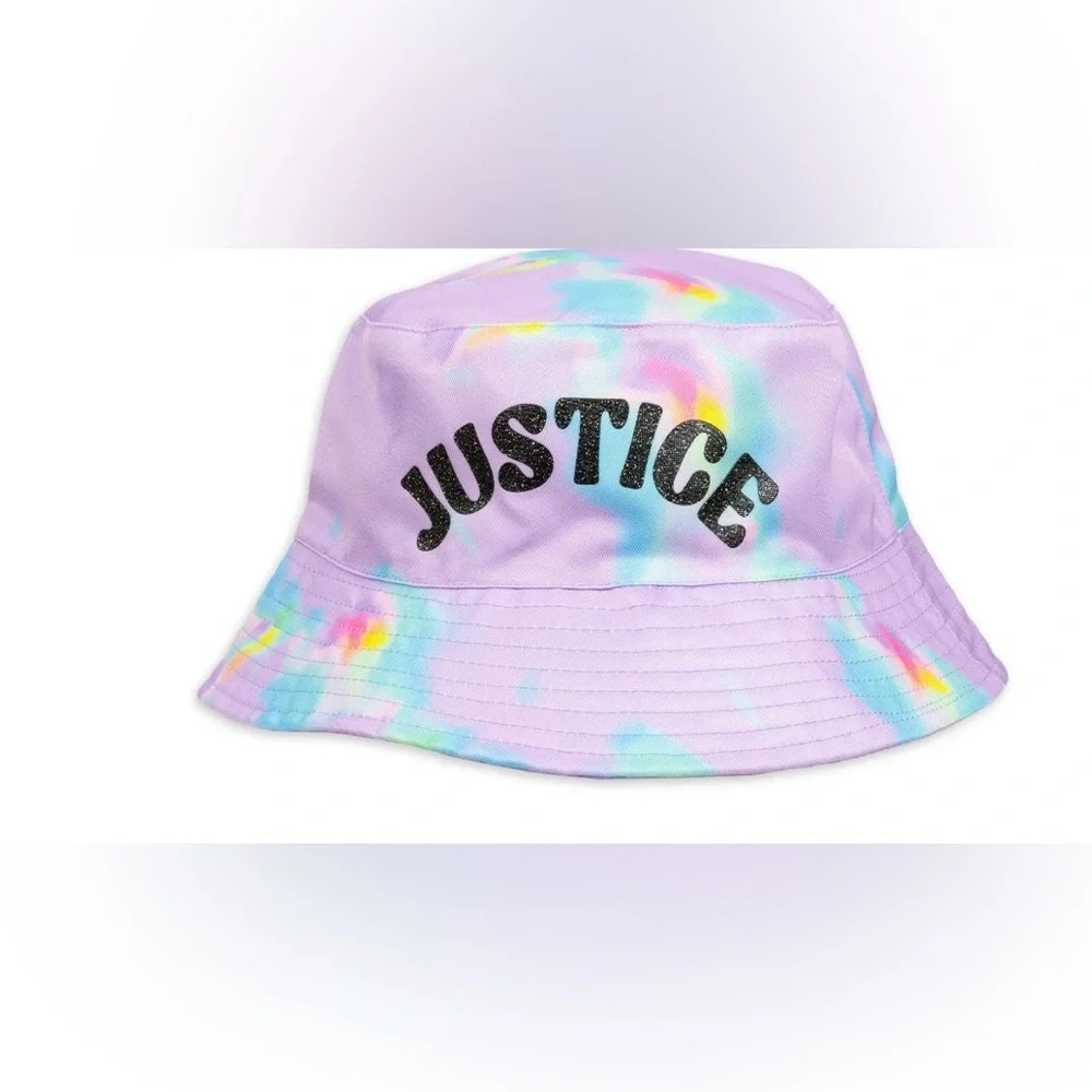 Justice Rainbow Tie Dye Bucket Hat Girls One Size Glitter Logo Pastel NWT